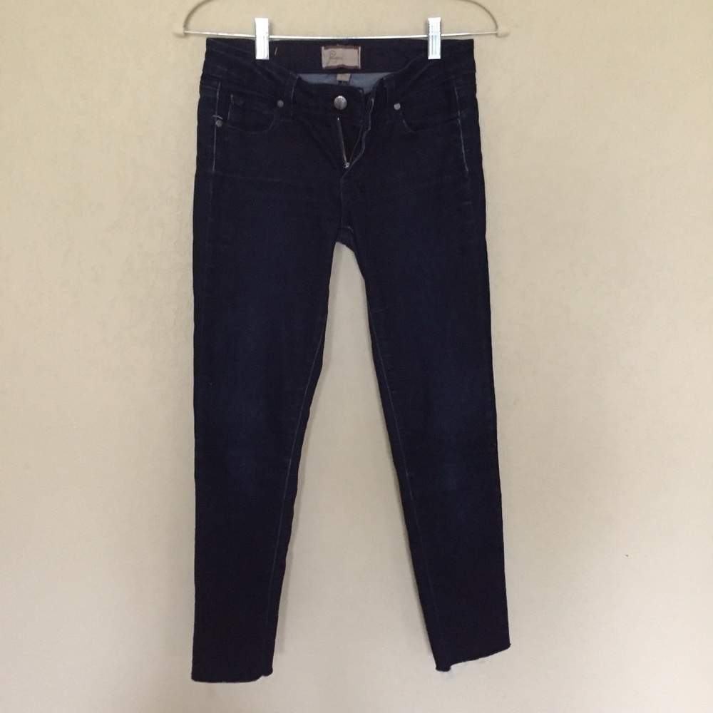 Paige Dark Wash Peg Skinny Blue Jeans Raw Hem 25